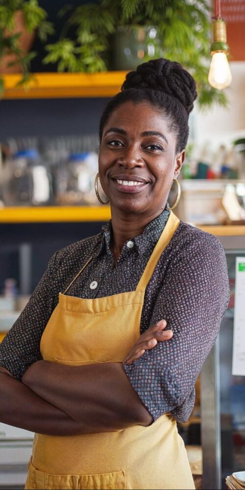 Smiling business owner wearing an apron, standing confidently with crossed arms in a cozy, well-decorated cafe, representing small business pride and local entrepreneurship.