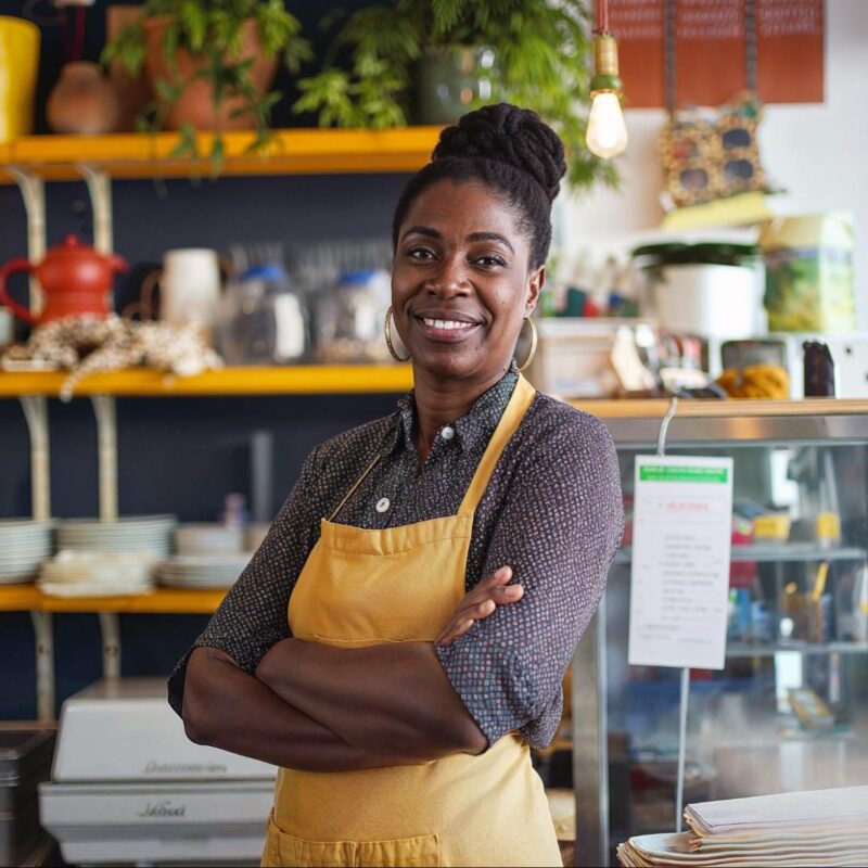 Smiling business owner wearing an apron, standing confidently with crossed arms in a cozy, well-decorated cafe, representing small business pride and local entrepreneurship.