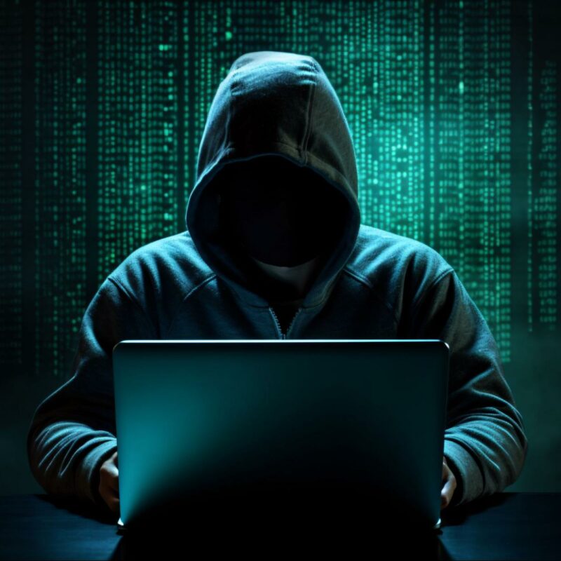 A hooded figure sits in front of a laptop in a dark environment, with a background of green digital code cascading down like a waterfall.